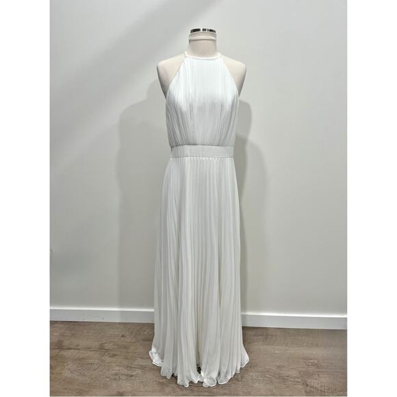 Ieena for Mac Duggal Pleated Chiffon Halter Neck Flowy Gown Dress 12496 White 6 - Picture 9 of 11
